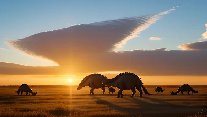 Stegosaurus Herd Migrates Across Vast Open Plain at Sunset
