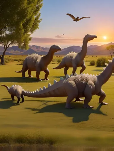 Stegosaurus Interacts with Feathered Theropod Dinosaurs Playfully