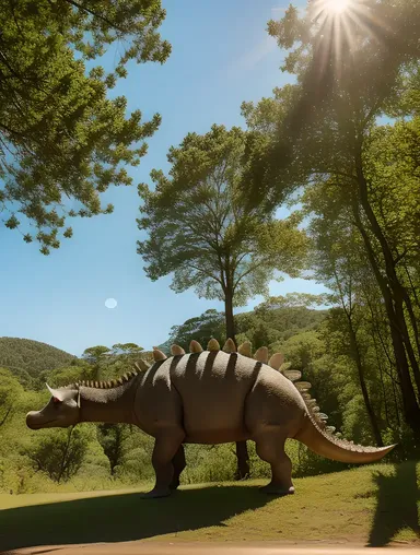 Stegosaurus Roams Lush Prehistoric Forest with Shining Plates