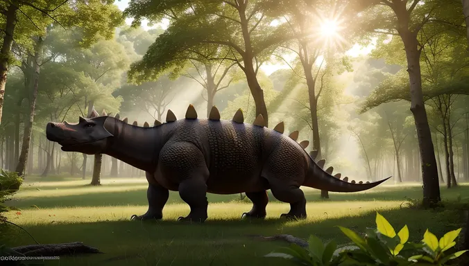 Stegosaurus Roams Through Lush Prehistoric Forest with Glistening Plates