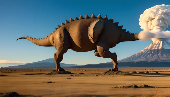 Stegosaurus Scans Horizon for Predators with Distant Volcano Erupting
