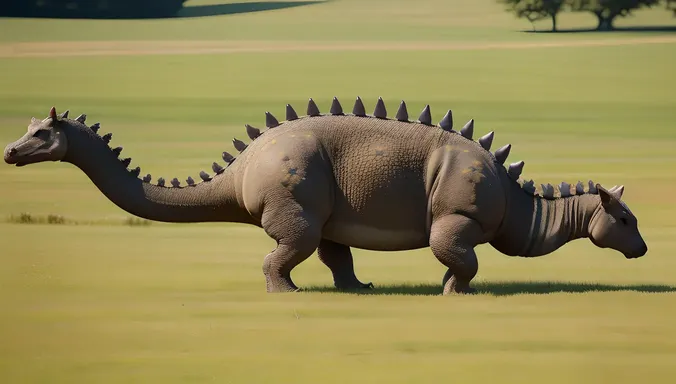 Stegosaurus Takes Leisurely Stroll Through Meadow Searching for Food
