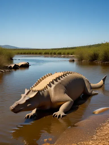 Stegosaurus Wades Through Murky River with Glistening Plates
