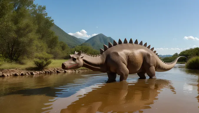 Stegosaurus Wades Through Shallow River with Glistening Plates