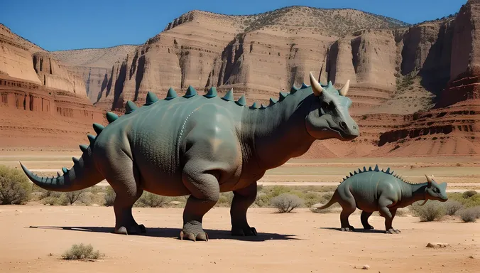 Stegosaurus and Triceratops Stand Together in Barren Rocky Landscape