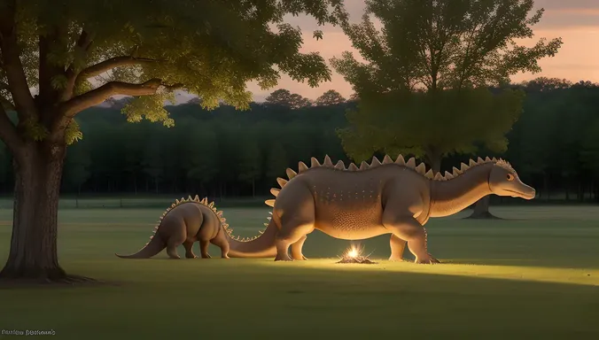Stegosaurus and Young Huddle for Warmth in Sheltered Clearing
