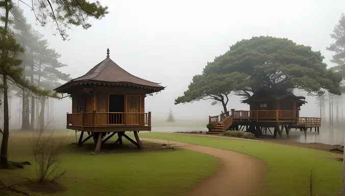 Stilt House in Dense Forest with Towering Trees