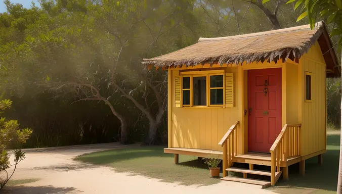 Stilt House with Bright Red Door and Yellow Shutters