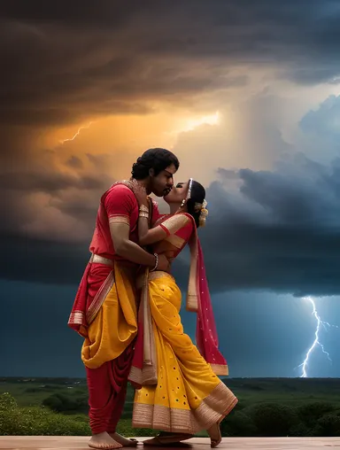 Stormy Sky Radha and Krishna's Dramatic Kiss