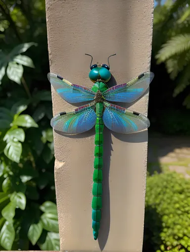 Striking Dragonfly Stone Carving on Leaf in Garden