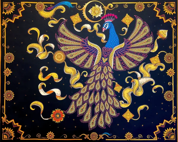 Striking Peacock Flight Madhubani-Inspired Wallpaper with Clouds