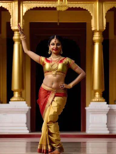 Stunning Bharatanatyam Dancer in Golden Sari with Temple Backdrop