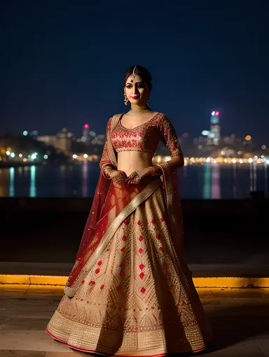 Stunning Dulhan in Red and Gold Lehenga at Night
