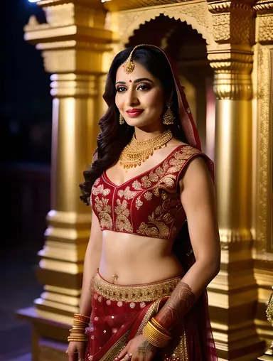 Stunning Dulhan in Red and Gold Lehenga at Temple