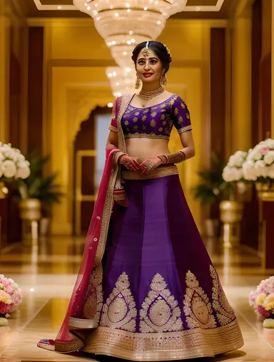 Stunning Indian Bride in Vibrant Purple and Gold Lehenga