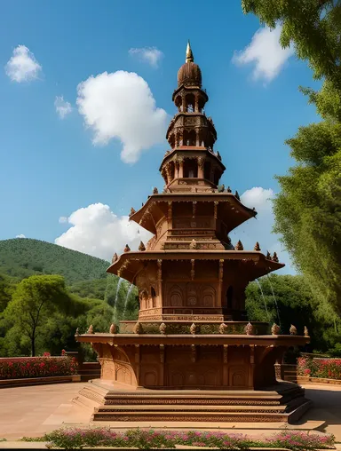 Stunning Kushti-Inspired Fountain in Indian Palace with Greenery.