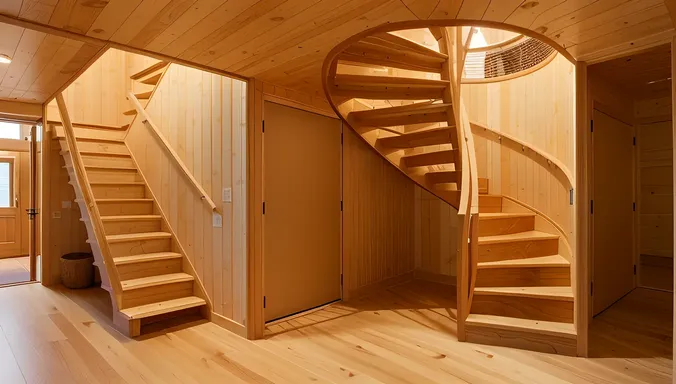 Stunning Plywood Staircase with Spiral Design and LED Lighting