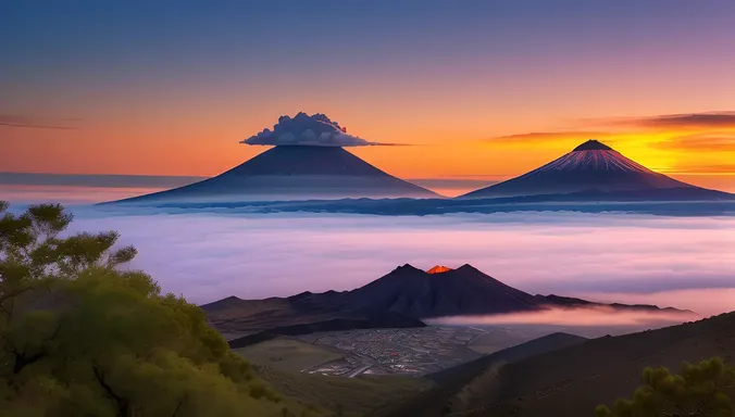 Stunning Sunset View of Extinct Volcano Caldera with Orange Sky