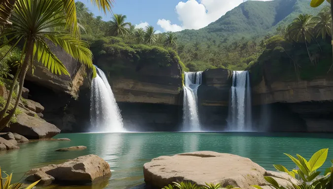 Stunning Waterfall in Tropical Foliage with Exotic Orchids