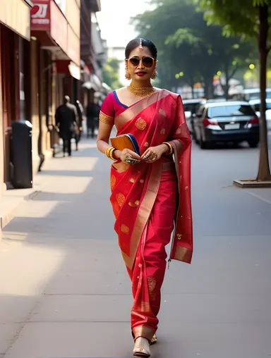 Stylish Indian Bhabhi Walking Down Busy Street Confidently