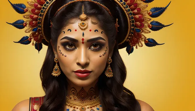 Stylized Kaliamman Face with Henna Designs and Bold Colors