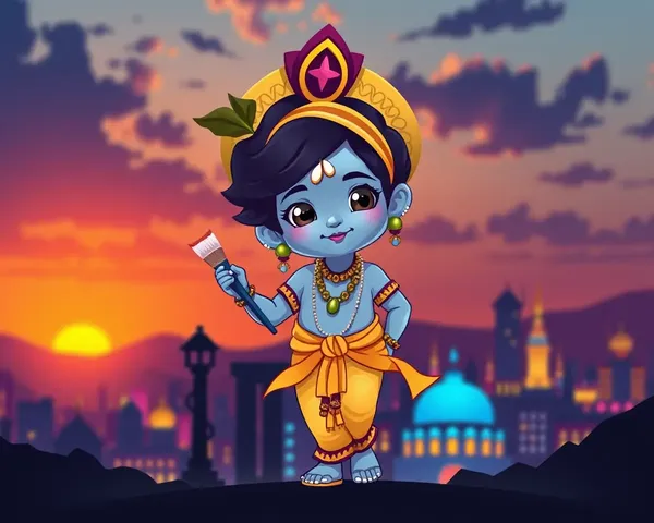Stylized Little Krishna with Paintbrush and Cityscape