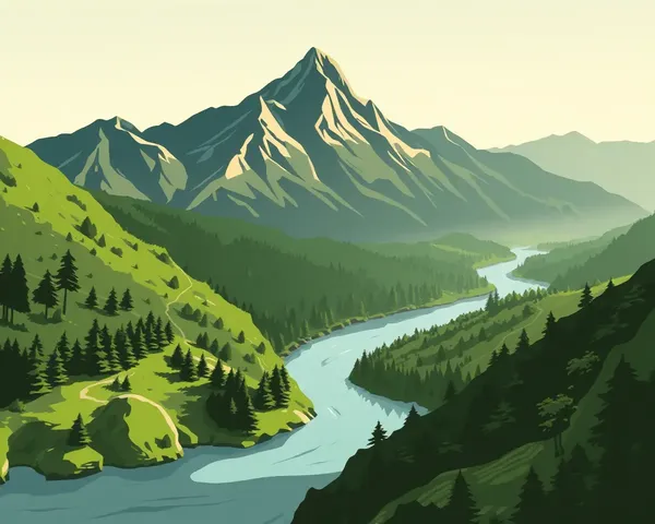 Stylized Pital Bartan Landscape with Winding River and Mountains PNG
