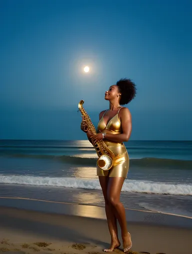 Sultry Saxy Woman on Moonlit Beach with Saxophone