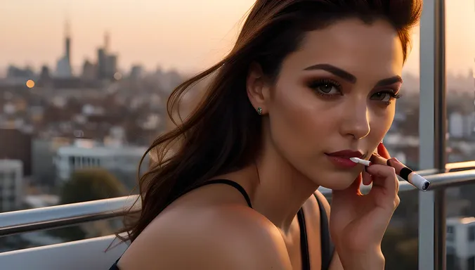 Sultry Smoking Girl Posing Against Sunset Cityscape