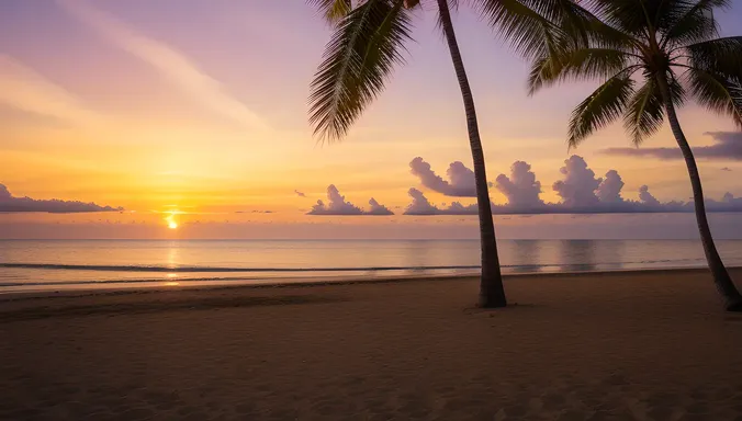 Sunset Beach with Copra and Palm Trees