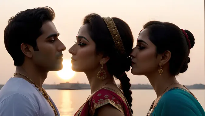 Sunset Gaze of Radha Krishna's Tender Kiss