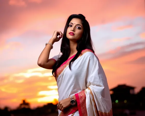 Sunset Portrait of a Woman in a White Saree