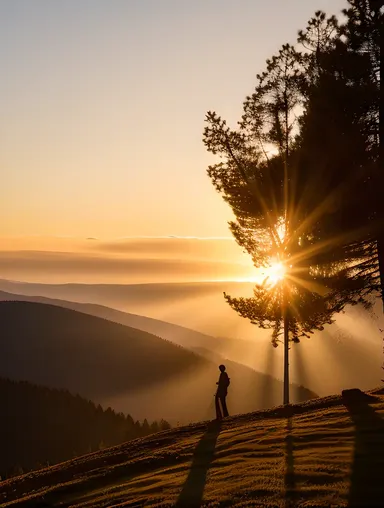 Sunset Silhouette of Fir Tree on Hillside