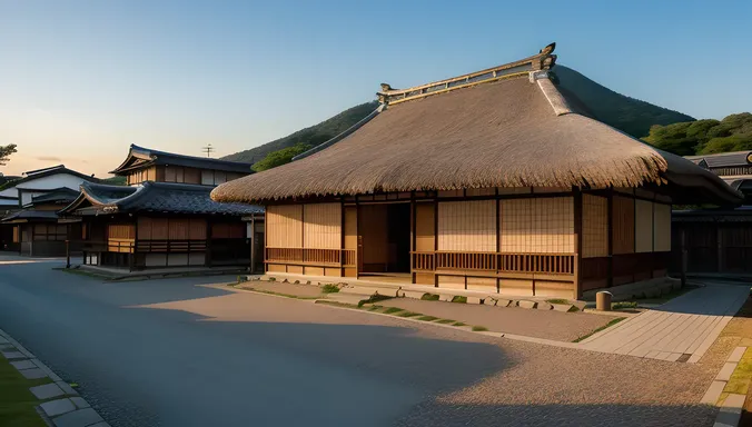 Sunset View of Japanese Village with Rustic Buke