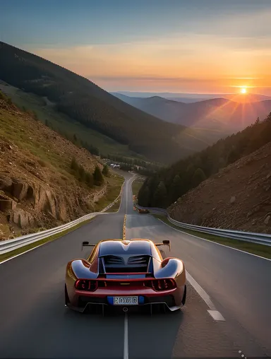 Super Car Racing Down Winding Mountain Road at Sunset