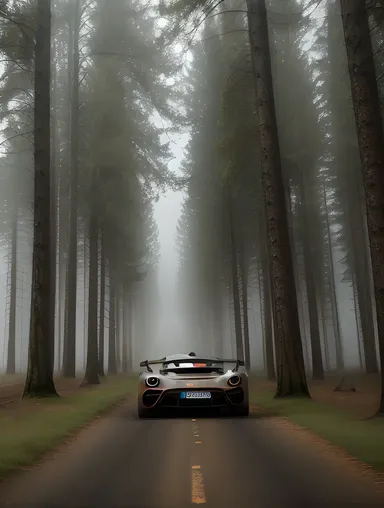 Supercar Driving Through Misty Foggy Forest with Blurring Trees