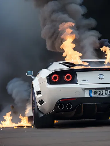 Supercar Engine Revved Up with Flames at Exhaust Pipes