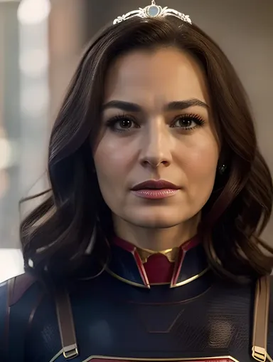 Supergirl's Determined Face with Iconic Tiara and Cape