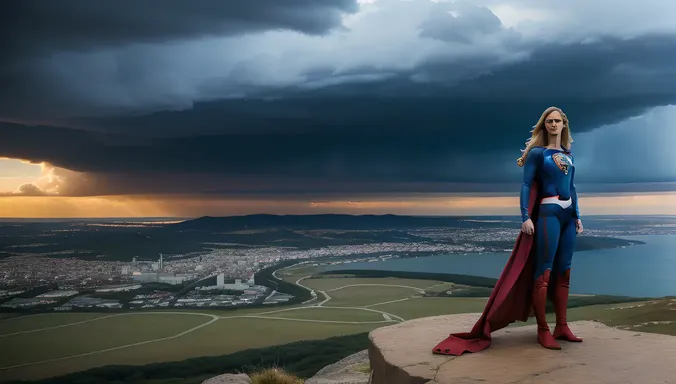 Supergirl Stands on Cliff's Edge with Stormy Sky Looming