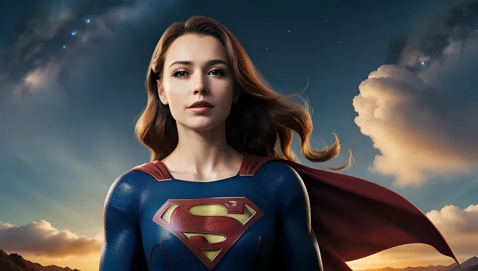 Supergirl Surrounded by Swirling Clouds and Stars in Dreamlike Scene