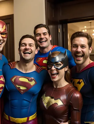 Supergirl and Superhero Friends Laugh and Joke at Party