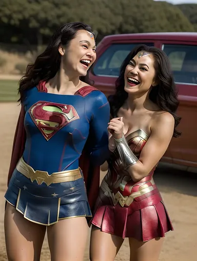 Supergirl and Wonder Woman Laugh and Chat as Best Friends