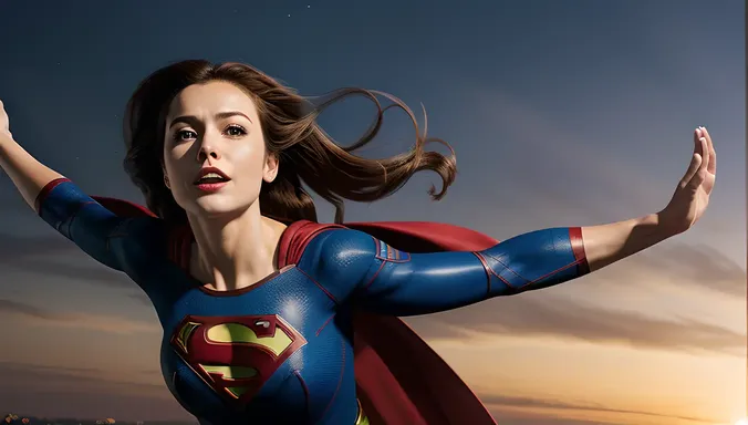 Supergirl in Flight with Hair and Cape Streaming Behind