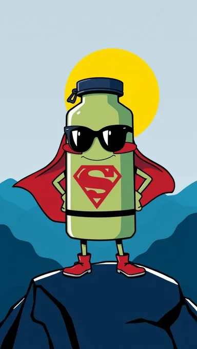 Superhero Flask Stands on Deep Blue Mountain with Bright Sun