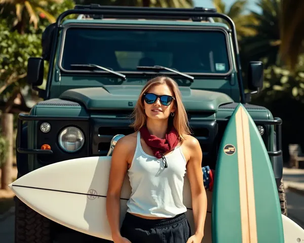 Surfer Standing in Front of Land Rover Defender