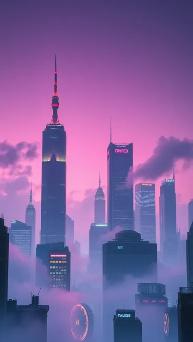 Surreal Cityscape with Neon Lights and Pink Hues