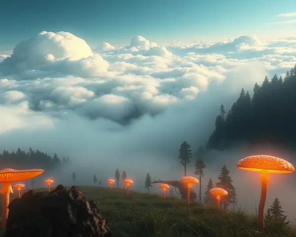 Surreal Dreamlike Landscape with Clouds and Mushrooms Background