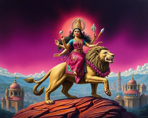 Surreal Goddess Durga Riding Lion with Stylized Cityscape