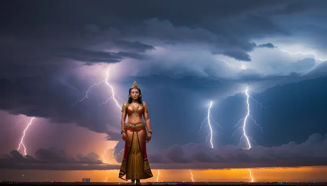 Surreal Kaliamman Amidst Stormy Sky with Lightning Bolts
