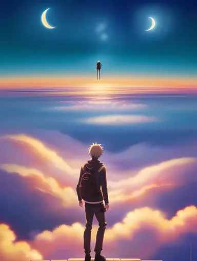 Surreal Nude Anime: Figure Floating in Mid-Air with Clouds and Cityscape